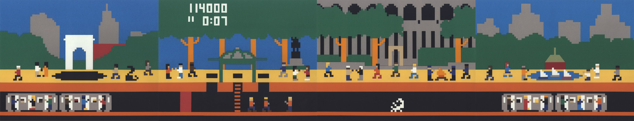 Washington Square, Union Square, Bryant and Central Parks,
                depicted as scenes from the 1980s video game, 'Pittfall!'.
                In each scene, pedestrians surround iconic landmarks, with
                subway tunnels represented below the scene.