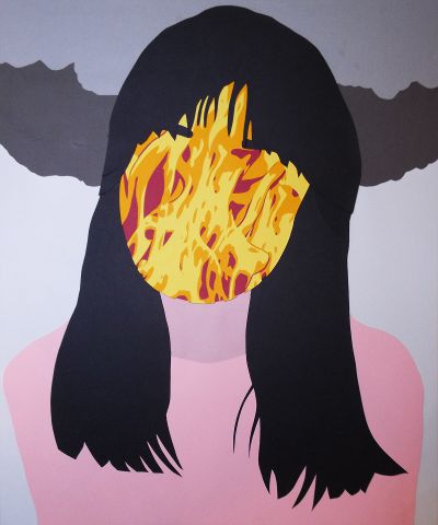 Portrait of a woman with a face made of flames.
