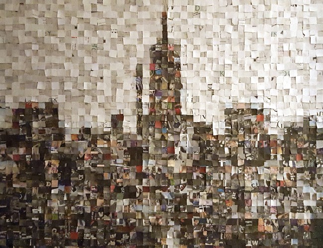 One-inch squares of newspaper are arranged in a 50×42 grid to depict Midtown Manhattan.