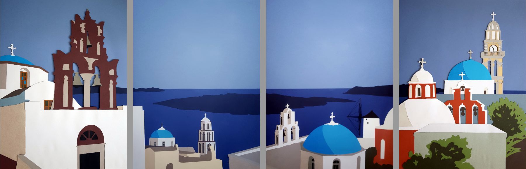 An idealized view of the Santorini caldera from Fira or Oia,
                depicting many colorful churches and an ancient windmill,
                in four segments.