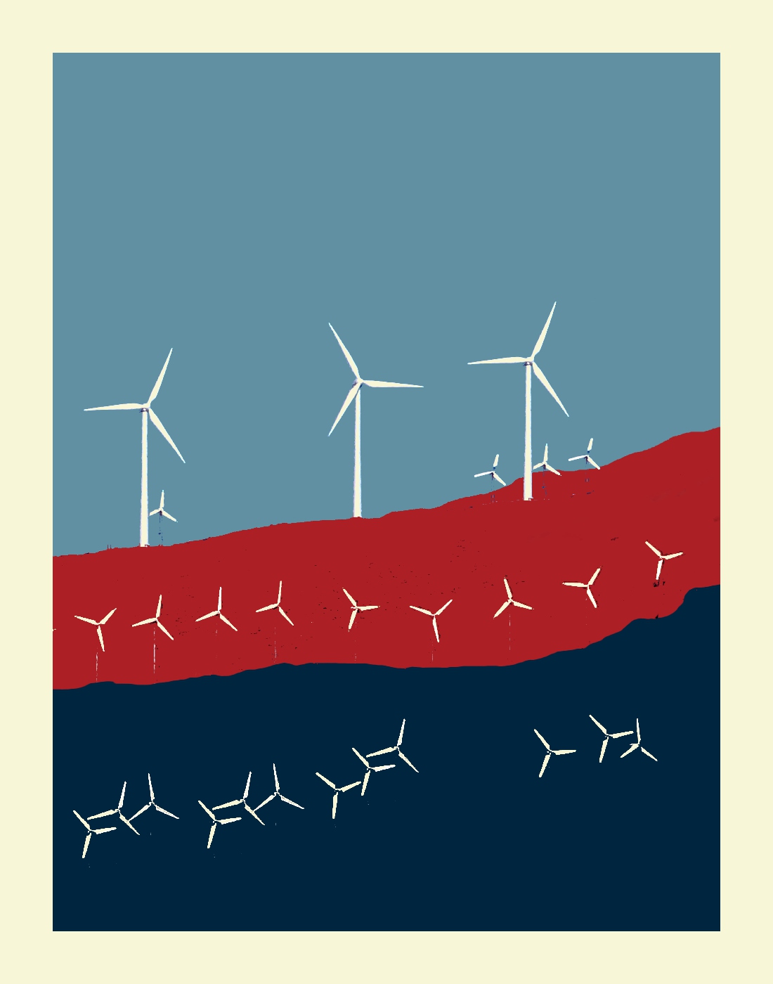 A collection of large and small wind turbines scattered
                across a hillside. The photo has been manipulated to depict
                only four colors: the turbines in white, the sky in light
                blue, the distant hill in red and the nearer hill in dark
                blue.