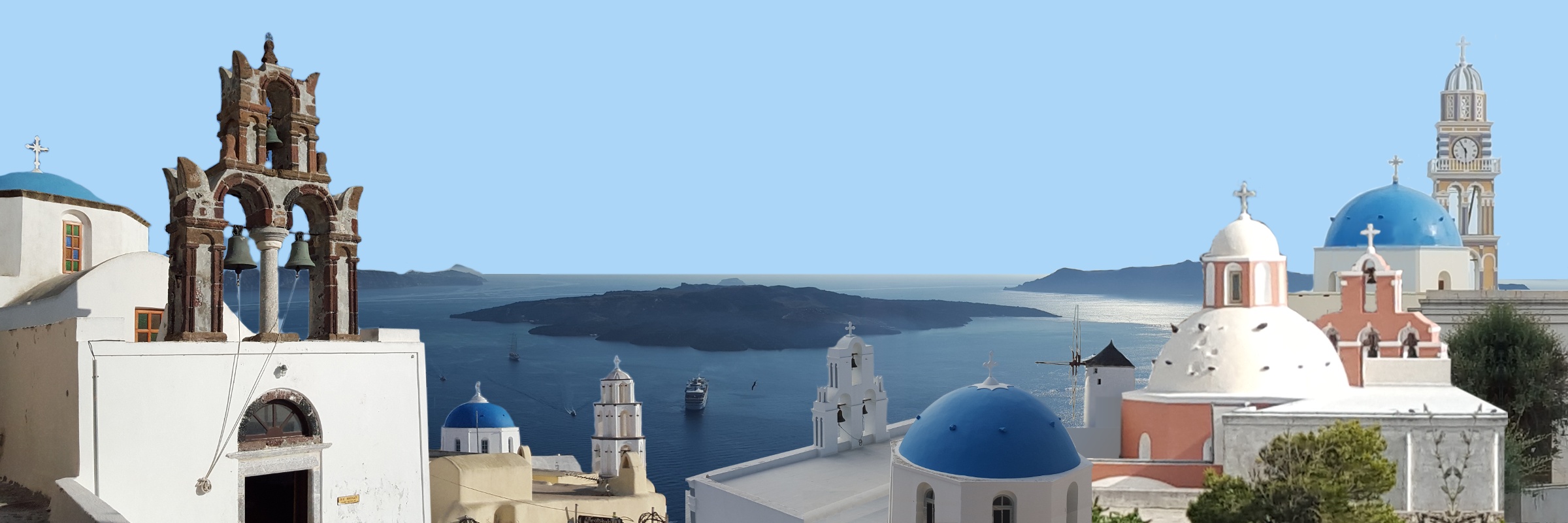 A composite view of churches and a windmill from Fira and
Oia before the Santorini caldera